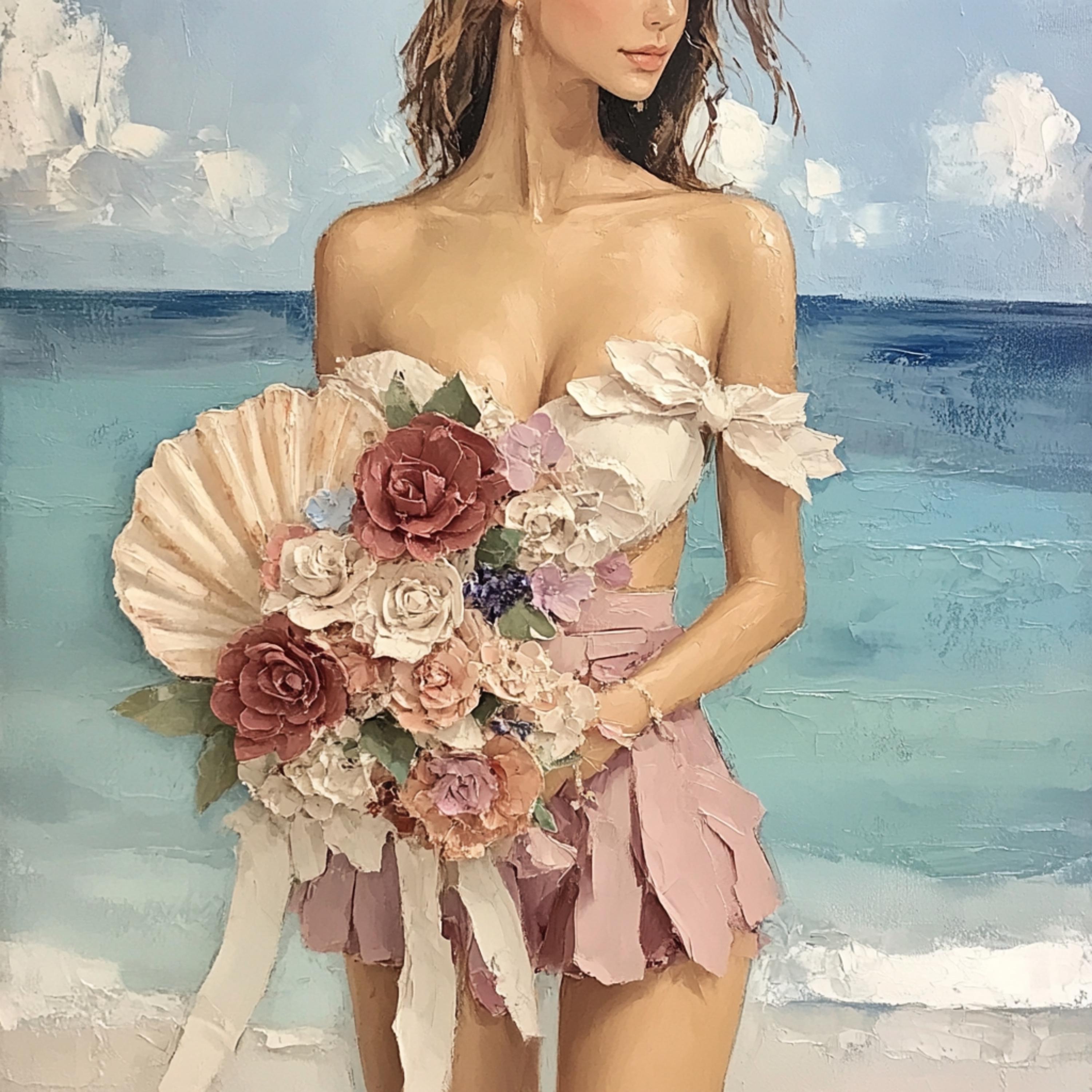 Romantic Beach Lady Painting, Floral Bouquet and Sea Shell Canvas Art, Coastal Decor, Feminine Wall Art, Unique Gift Idea
