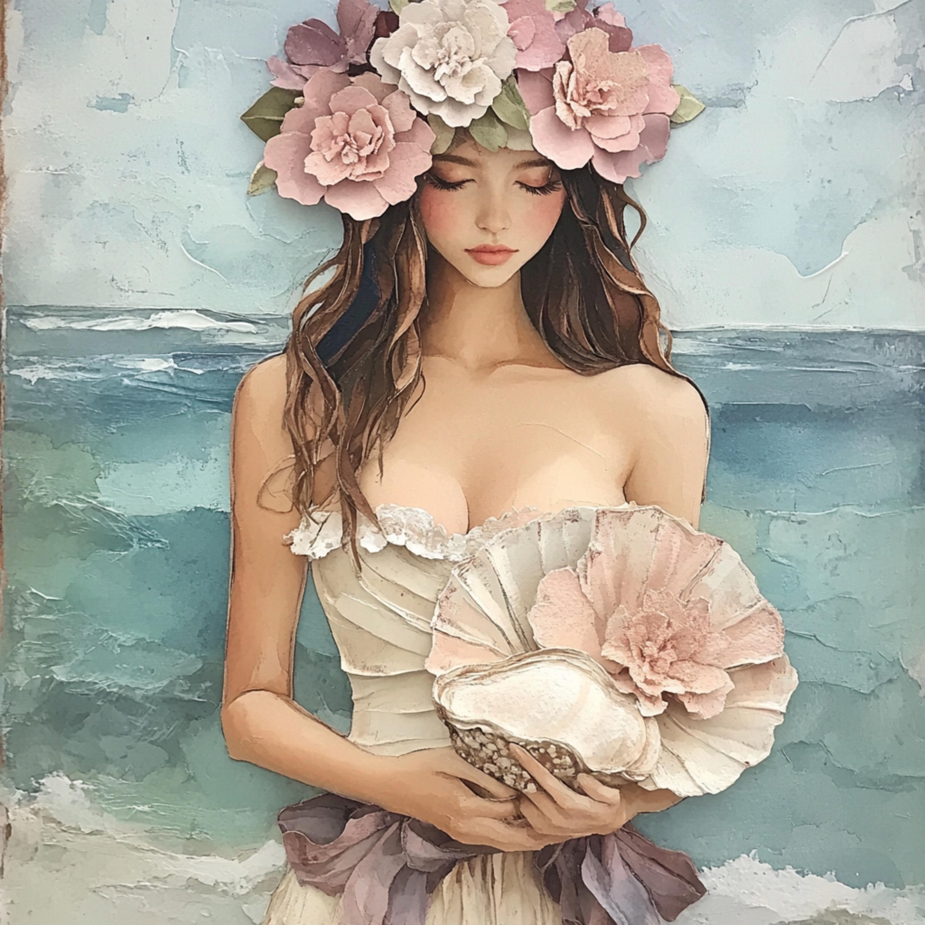 Floral Woman Art Print, Elegant Lady with Flowers Painting, Ocean Background Wall Decor, Feminine Artwork for Home
