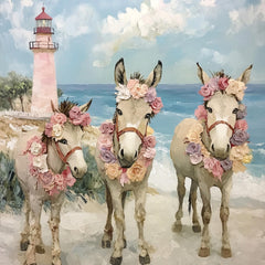 Floral Crown Donkeys on Beach Art Print, Lighthouse Coastal Decor, Whimsical Animal Wall Art