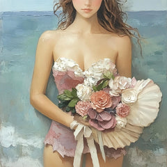 Romantic Floral Woman Canvas Art, Beach Ocean Background, Elegant Home Decor Wall Print, Gift Idea