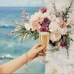 Coastal Floral Artwork, Elegant Hand Holding Champagne Glass, Ocean View Painting, Romantic Wall Decor