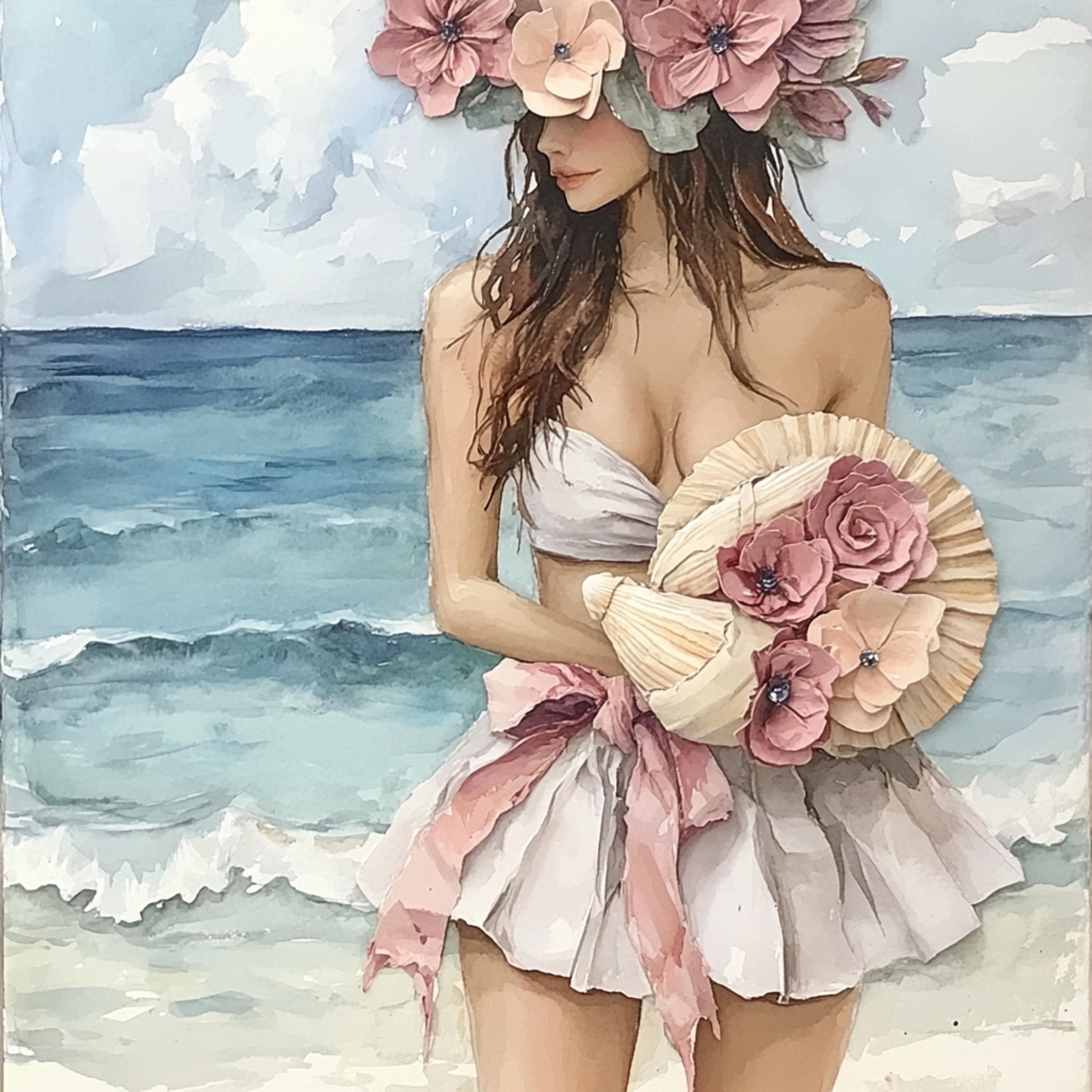 Beach Lady Art Print, Floral Hat Woman Portrait, Coastal Home Decor, Ocean Wall Art, Romantic Summer Gift Idea