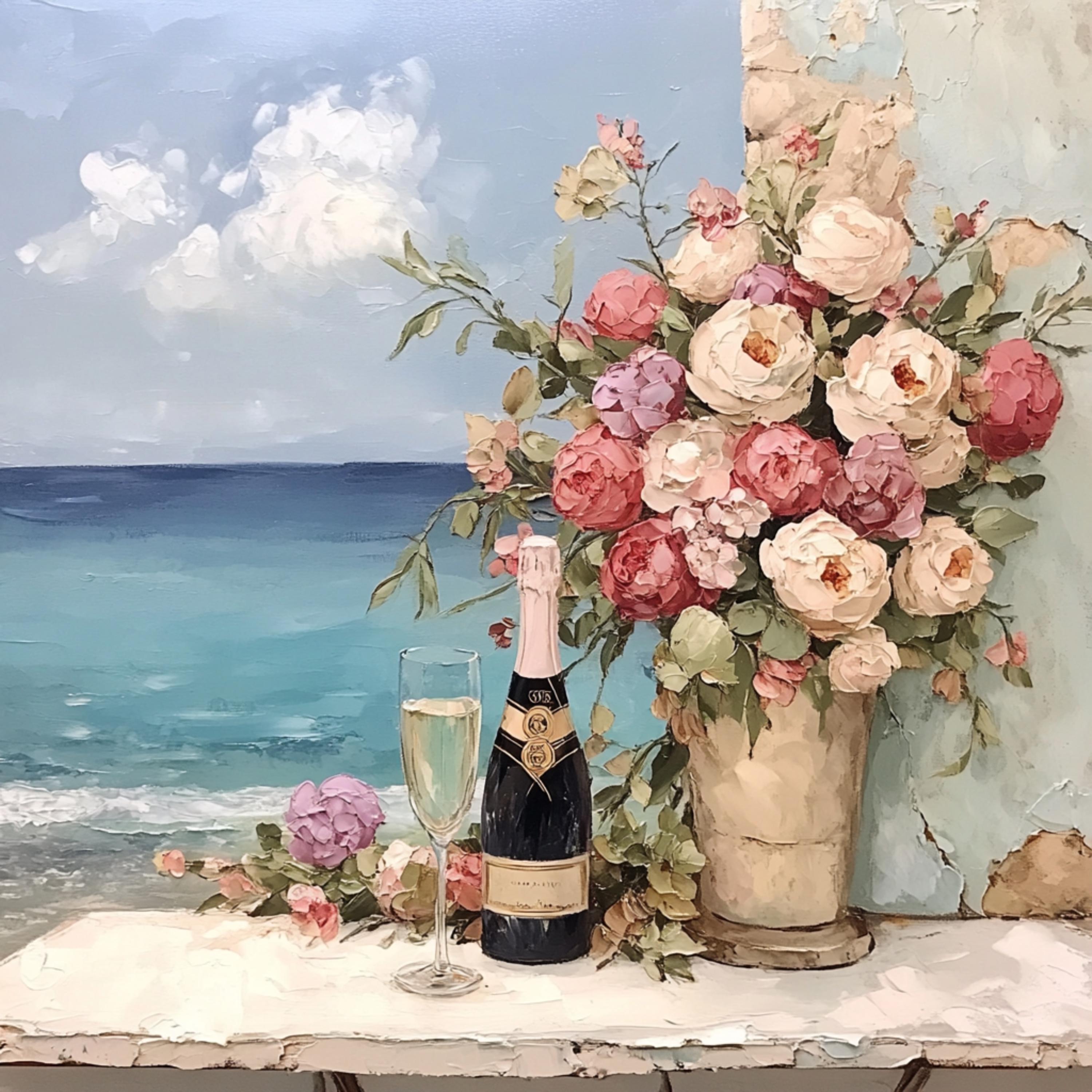 Floral Beachside Oil Painting, Romantic Champagne and Roses Art, Coastal Wall Decor, Impressionist Ocean View Canvas