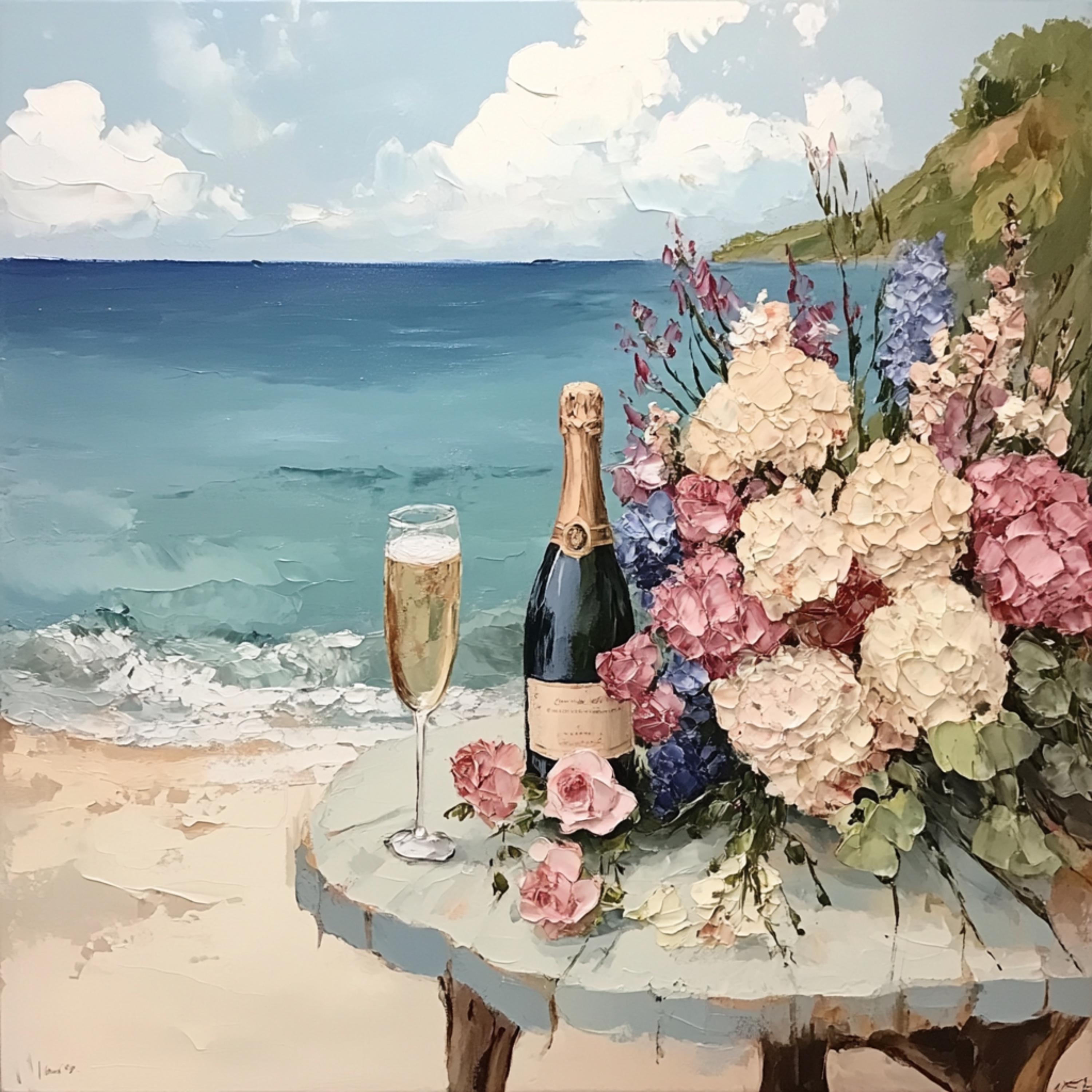 Coastal Beach Scene Painting, Champagne and Flowers Artwork, Seaside Wall Decor, Romantic Ocean View Canvas Print