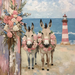 Floral Donkey Duo Canvas Print, Pastel Seaside Lighthouse Art, Romantic Beach Decor, Unique Home Wall Hanging