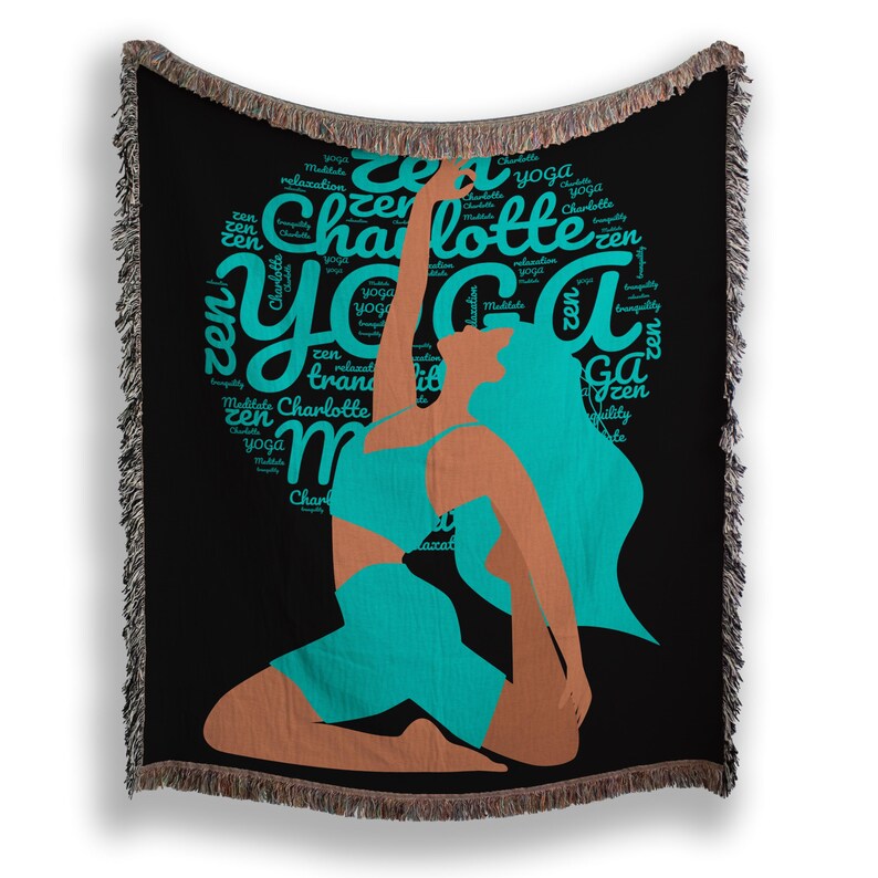 Personalised yoga woven blanket, throw wall tapestry, black white blue and purple background options, zen themed blanket, yoga gift for her.