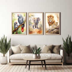 Watercolour Triptych Art Parent And Child Lion Elephant Parrot Africa