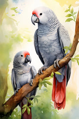 Watercolour Triptych Art Parent And Child Lion Elephant Parrot Africa