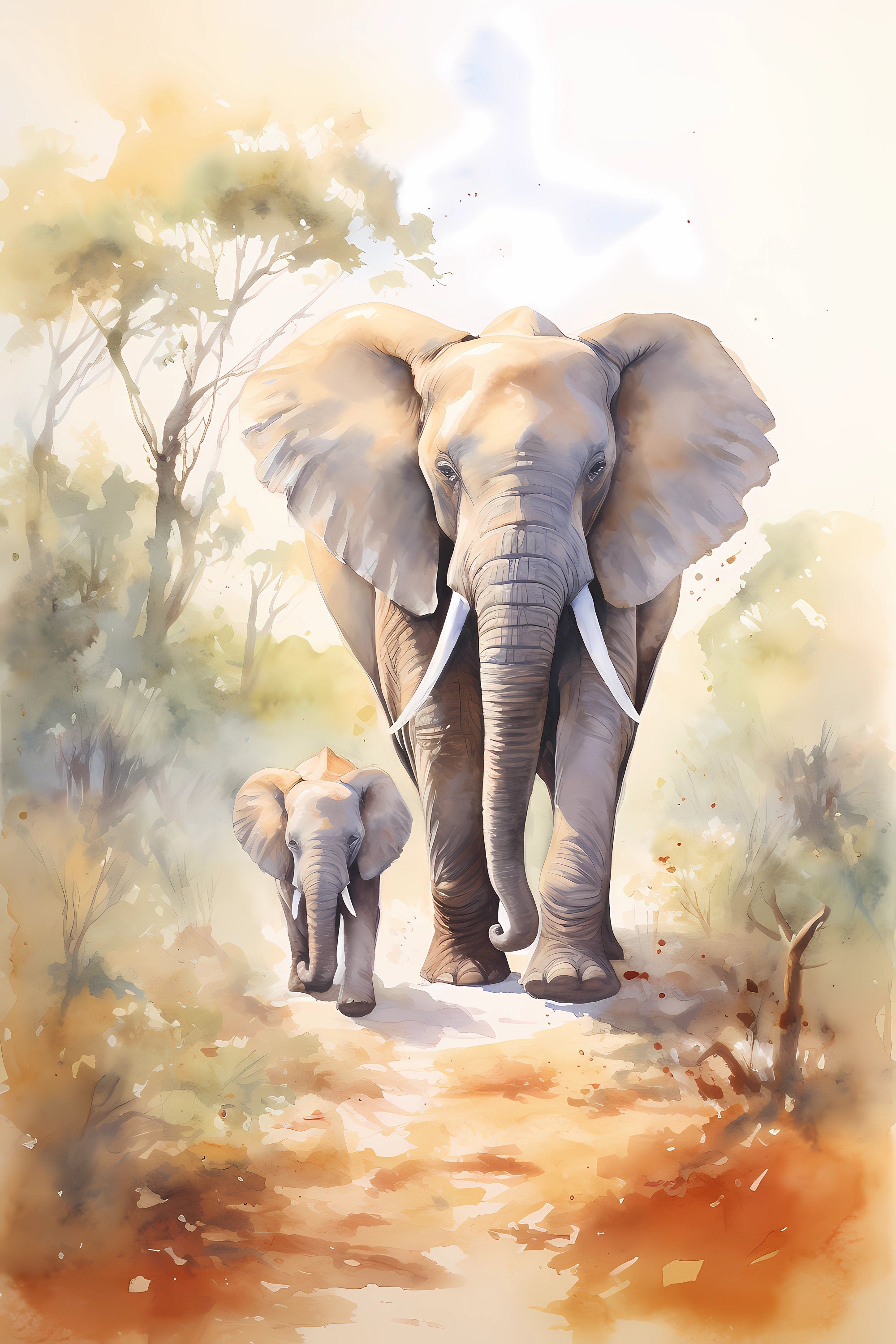 Watercolour Triptych Art Parent And Child Lion Elephant Parrot Africa