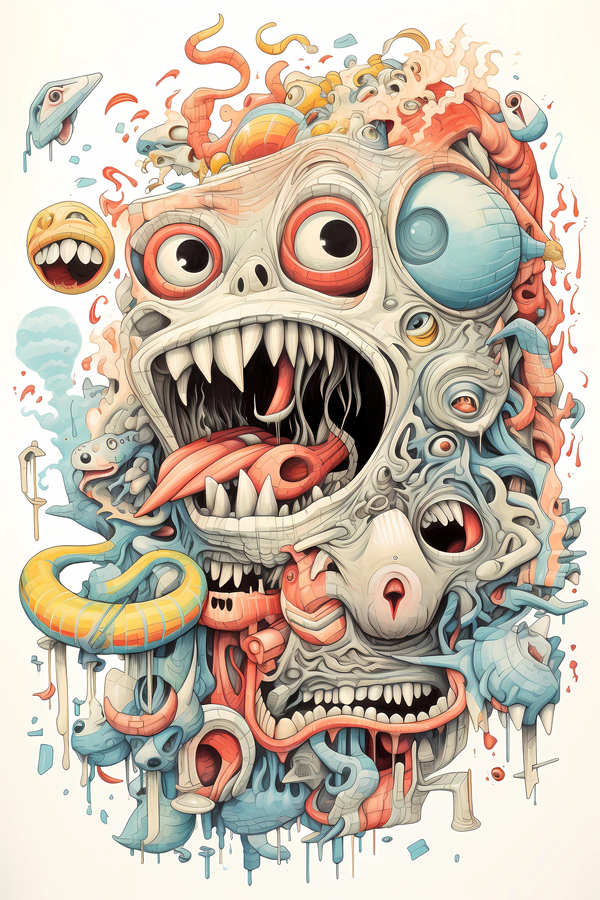 Cute Monsters Funny Doodles Spooky Creatures Instant Download Triptych with Cartoon Lowbrow Halloween  Cool Designs Bold Primary Colours