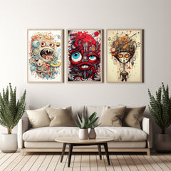 Cute Monsters Funny Doodles Spooky Creatures Instant Download Triptych with Cartoon Lowbrow Halloween  Cool Designs Bold Primary Colours