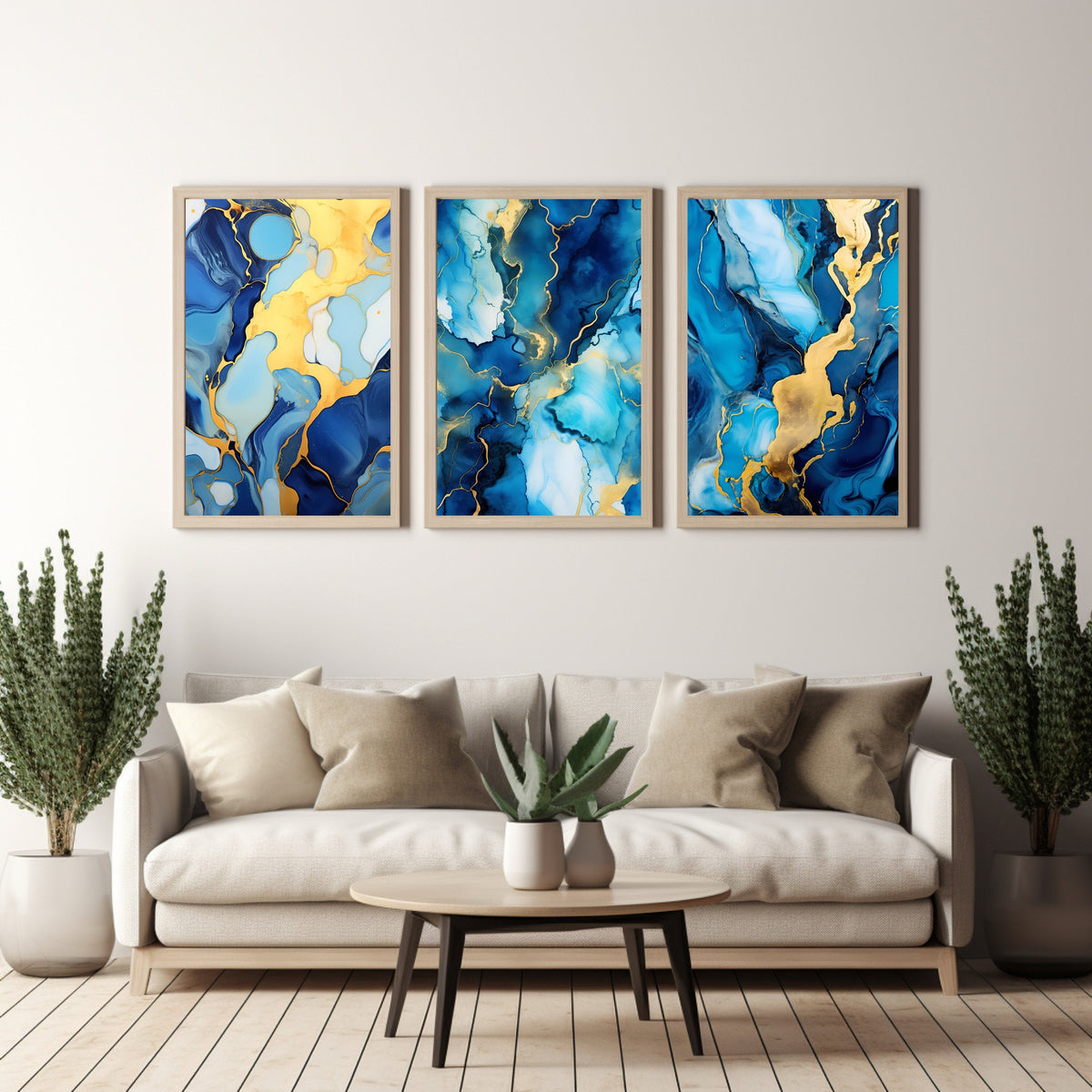 Alcohol Ink Triptych Abstract Art in Blue & Gold Digital Download Modern Wall Decor Instant Download Art Prints Transform Your Space