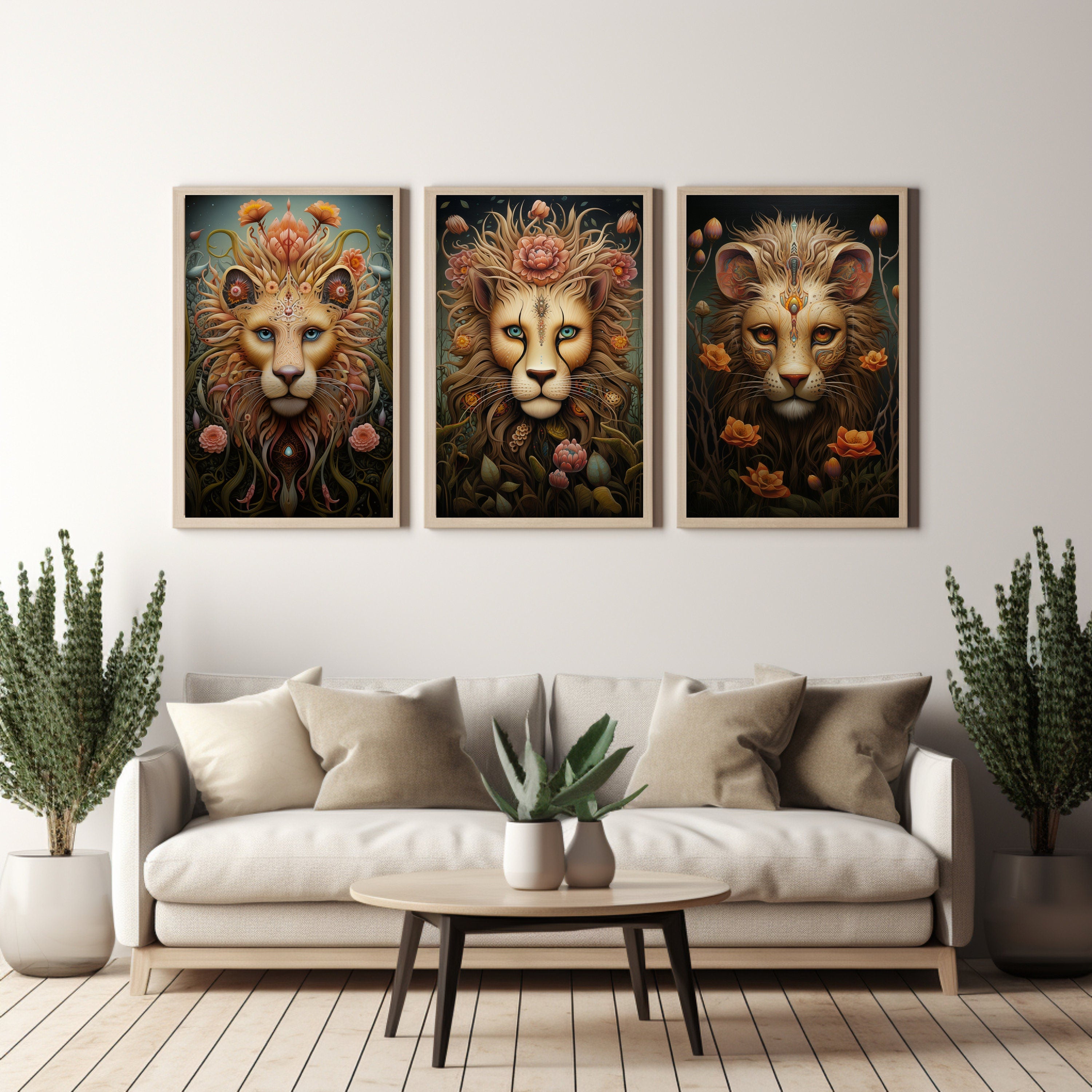 Digital Download Art Leo Majestic Lion Triptych Portraits with Flowers Art for Animal Lovers And Zodiac Enthusiasts Lion Artwork Leo Season
