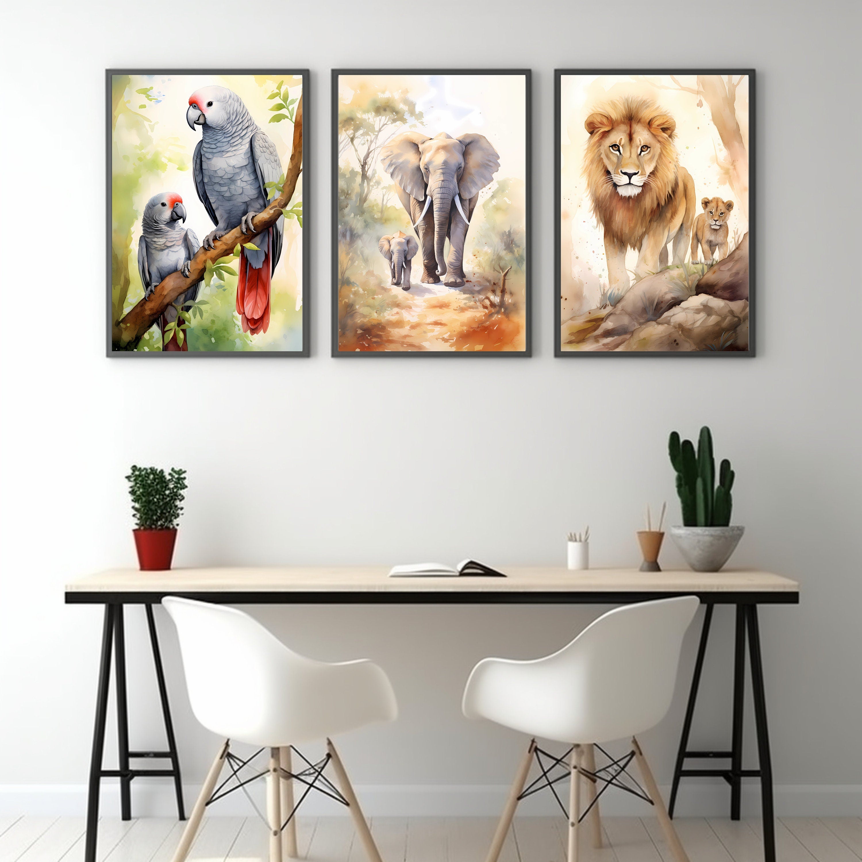 Watercolour Triptych Art Parent And Child Lion Elephant Parrot Africa