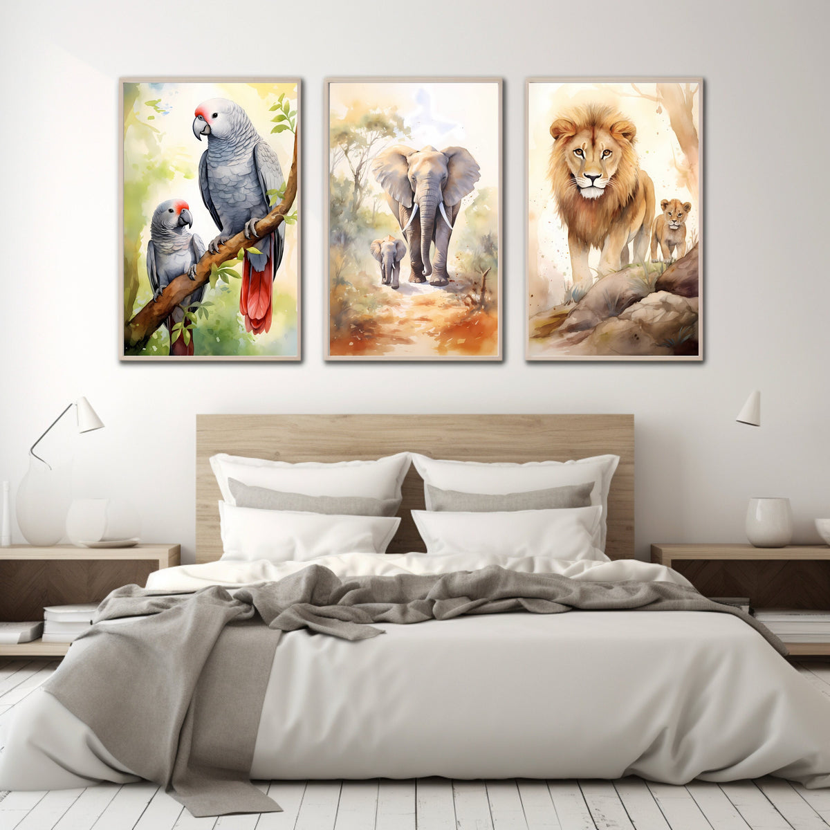 Watercolour Triptych Art Parent And Child Lion Elephant Parrot Africa