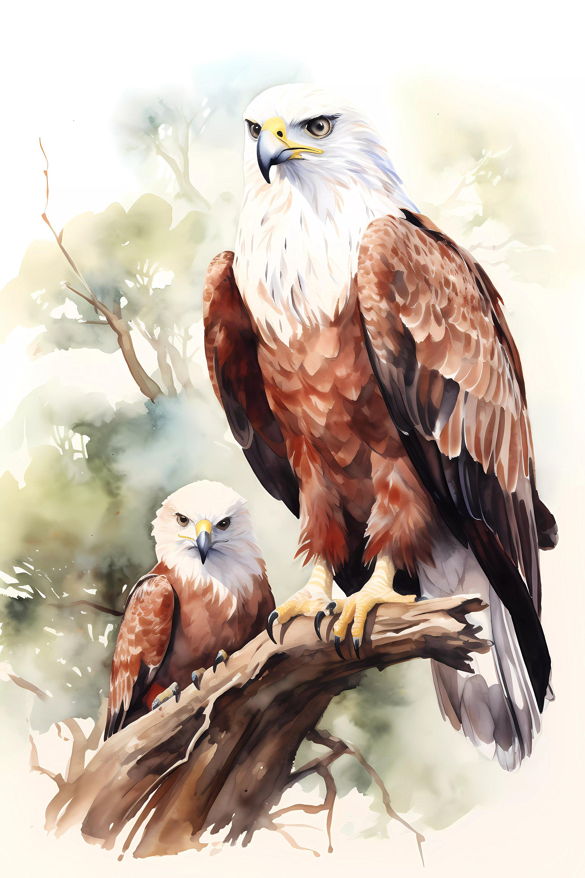 Watercolour Triptych Art Parent And Offspring Birds of Prey