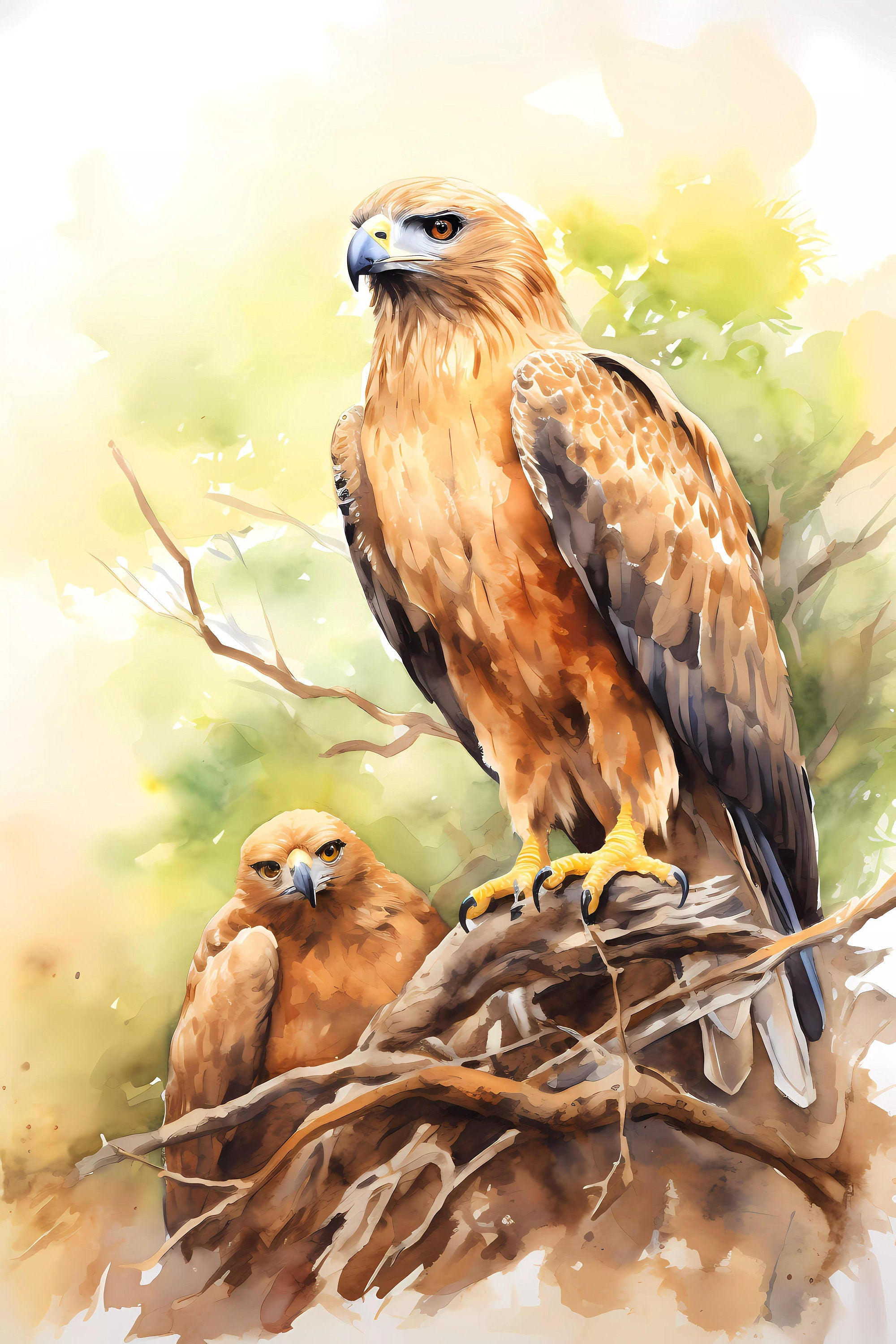 Watercolour Triptych Art Parent And Offspring Birds of Prey