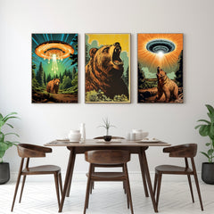Digital Download Affordable Artwork Triptych Three Images Extra-terrestrial Grizzly Brown Bear UFO Unidentified Flying Object Graphics
