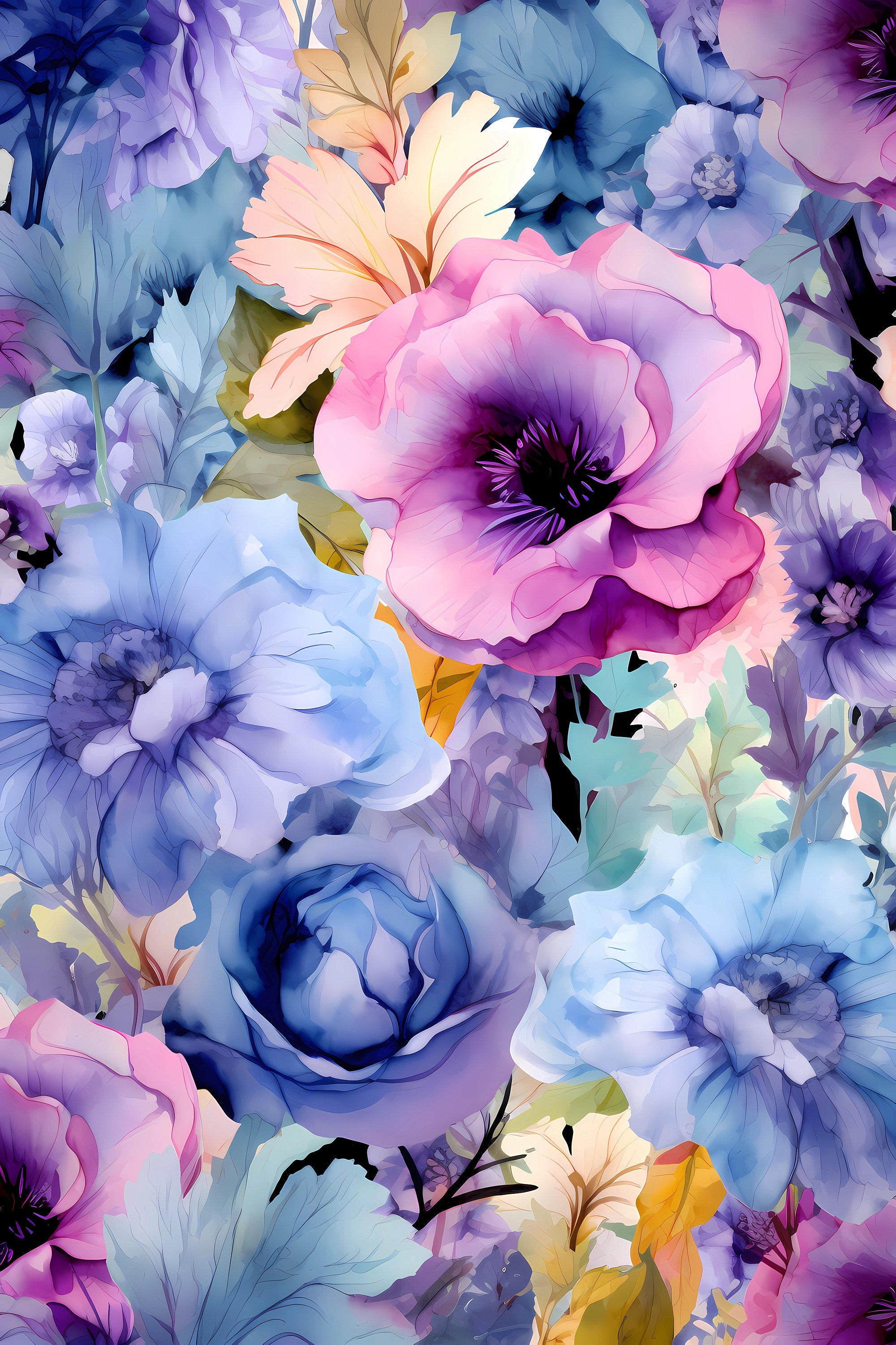 Instant Digital Download Affordable Artwork Botanical Floral Summer Watercolour Artwork Blue Purple Yellow Spring Wall Home Decor Vibrant
