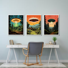 Digital Download Retro Sci-Fi UFO Triptych - Vibrant Cosmic Comic Book Style Art for Wall Decor