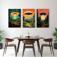 Digital Download Retro Sci-Fi UFO Triptych - Vibrant Cosmic Comic Book Style Art for Wall Decor