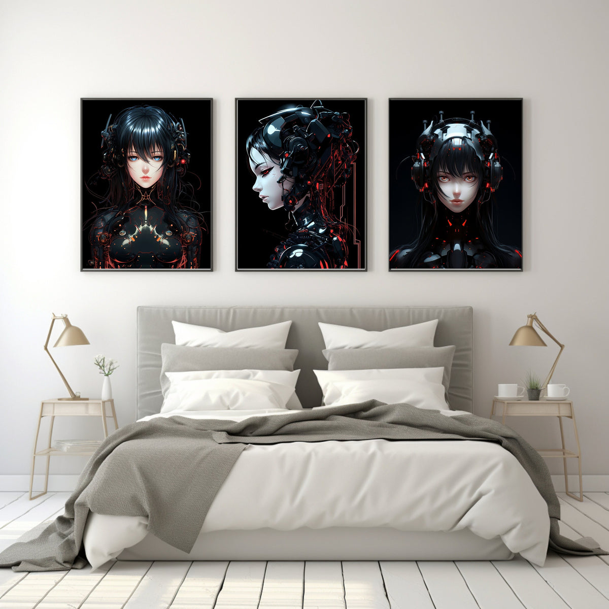 Digital Download Triptych of Futuristic Cyborg Females Half Robot Half Human Wall Decor