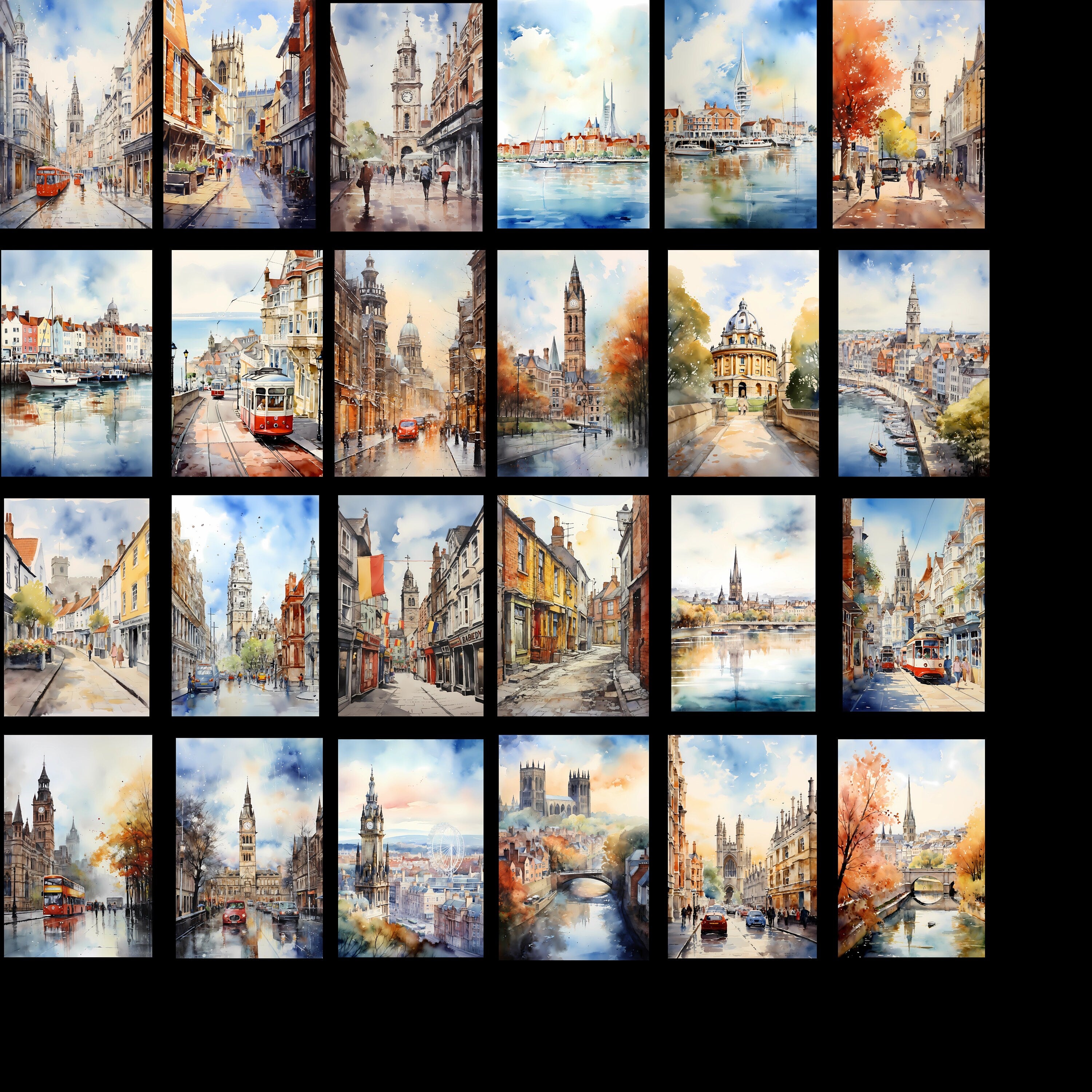 Digital Download Twenty One UK Towns Watercolour Town Art