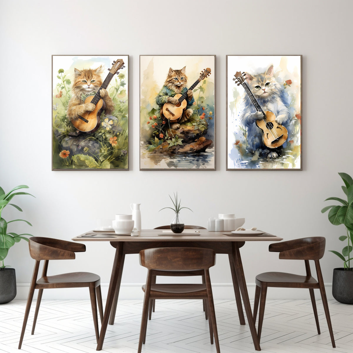 Digital Download Affordable Artwork Enchanting Watercolour Triptych Three Images of Playful Cats with Mandolins - The Best Therapy Is Art