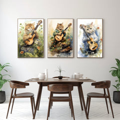 Digital Download Affordable Artwork Enchanting Watercolour Triptych Three Images of Playful Cats with Mandolins - The Best Therapy Is Art