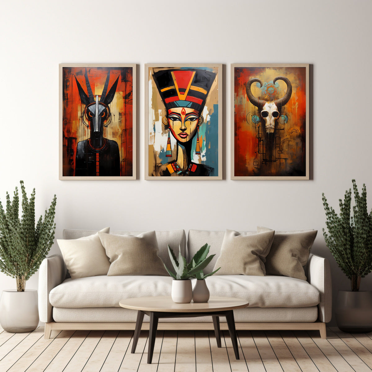 Digital Download Egyptian Gods Triptych Nefertiti, Anubis, Khnum Modern Contemporary Expressionism Wall Art