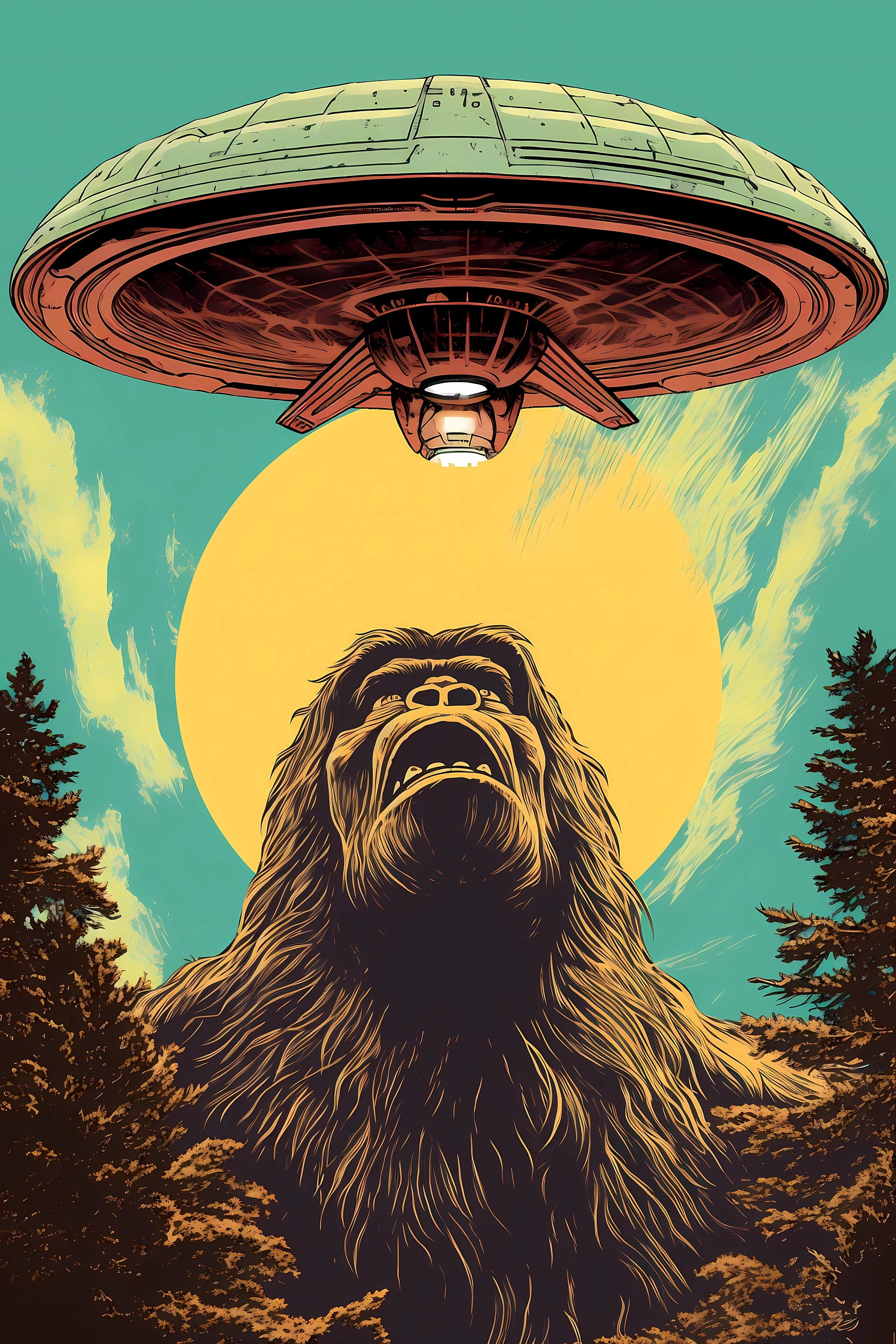 Retro UFO and Sasquatch 1950s Comic Art Alien Encounters Vintage Sci-Fi Space Humour Affordable Digital Download Wall Art