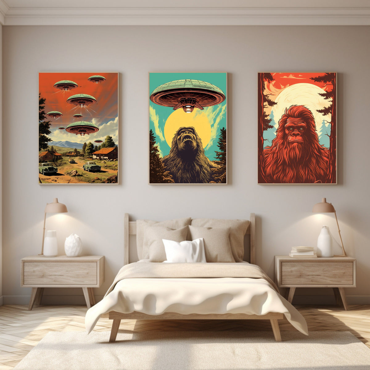 Retro UFO and Sasquatch 1950s Comic Art Alien Encounters Vintage Sci-Fi Space Humour Affordable Digital Download Wall Art