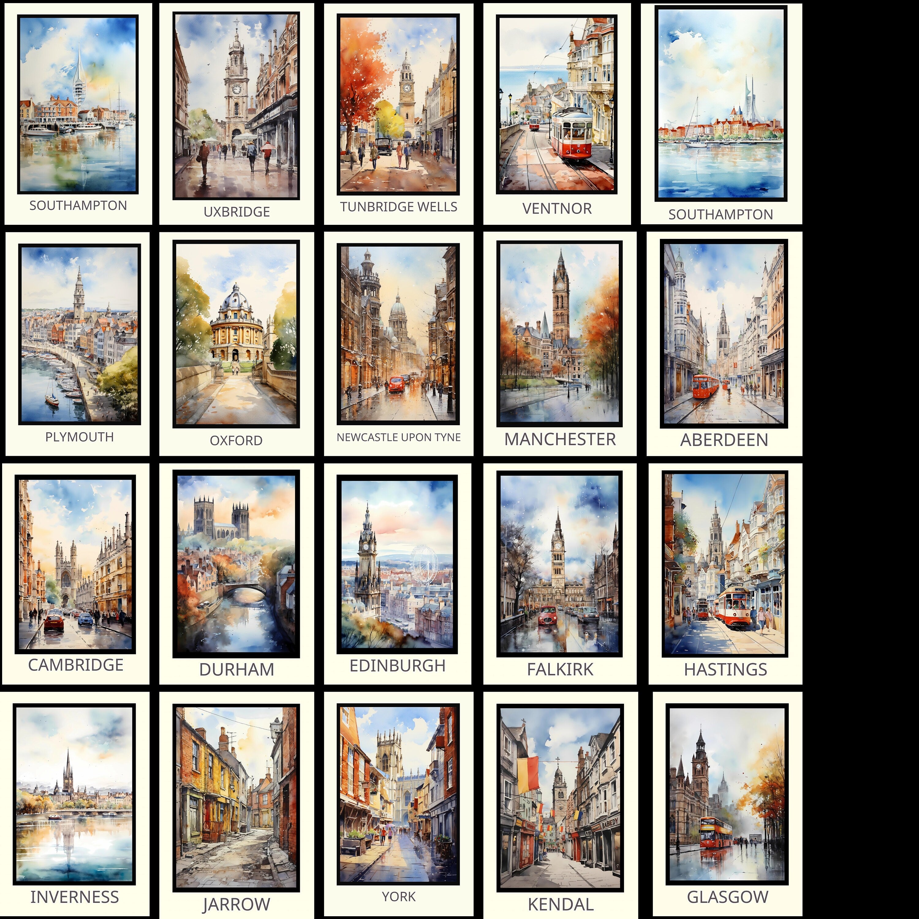 Digital Download Twenty One UK Towns Watercolour Town Art