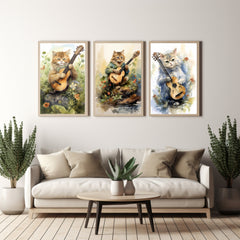Digital Download Affordable Artwork Enchanting Watercolour Triptych Three Images of Playful Cats with Mandolins - The Best Therapy Is Art