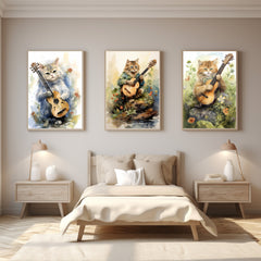 Digital Download Affordable Artwork Enchanting Watercolour Triptych Three Images of Playful Cats with Mandolins - The Best Therapy Is Art