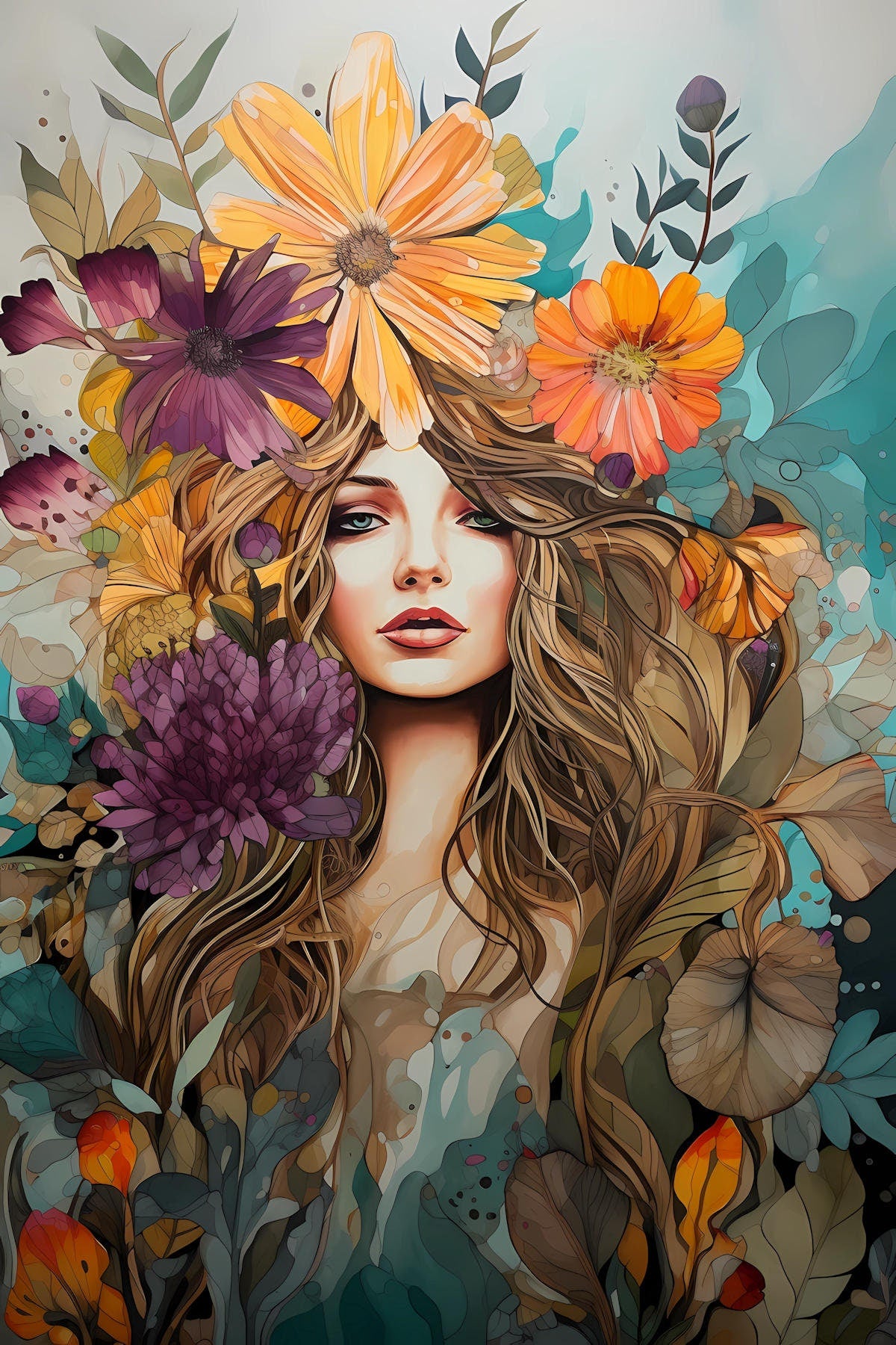 Digital Download Printable Affordable Wall Artwork Beautiful Female Woman with Exotic Floral Botanical Prints Modern Art Boho Wall Decor 5