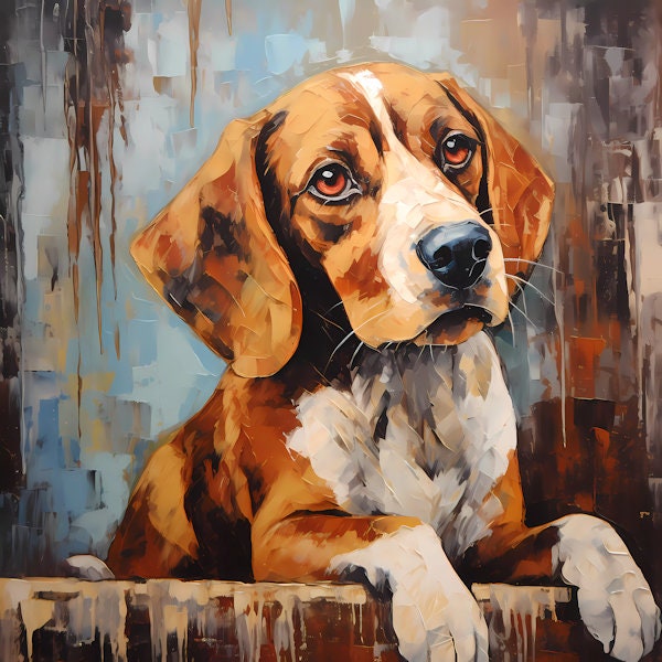 Digital Download Printable Affordable Wall Artwork Beagle Dog Lover Pet Owner Oil Painting Impasto Wall Decor