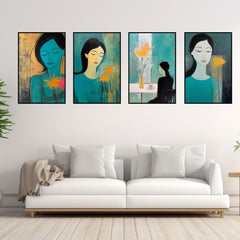 Digital Instant Download Affordable Printable FOUR Images Female Woman Line Artwork Teal Contemporary Modern Wall Decor Art
