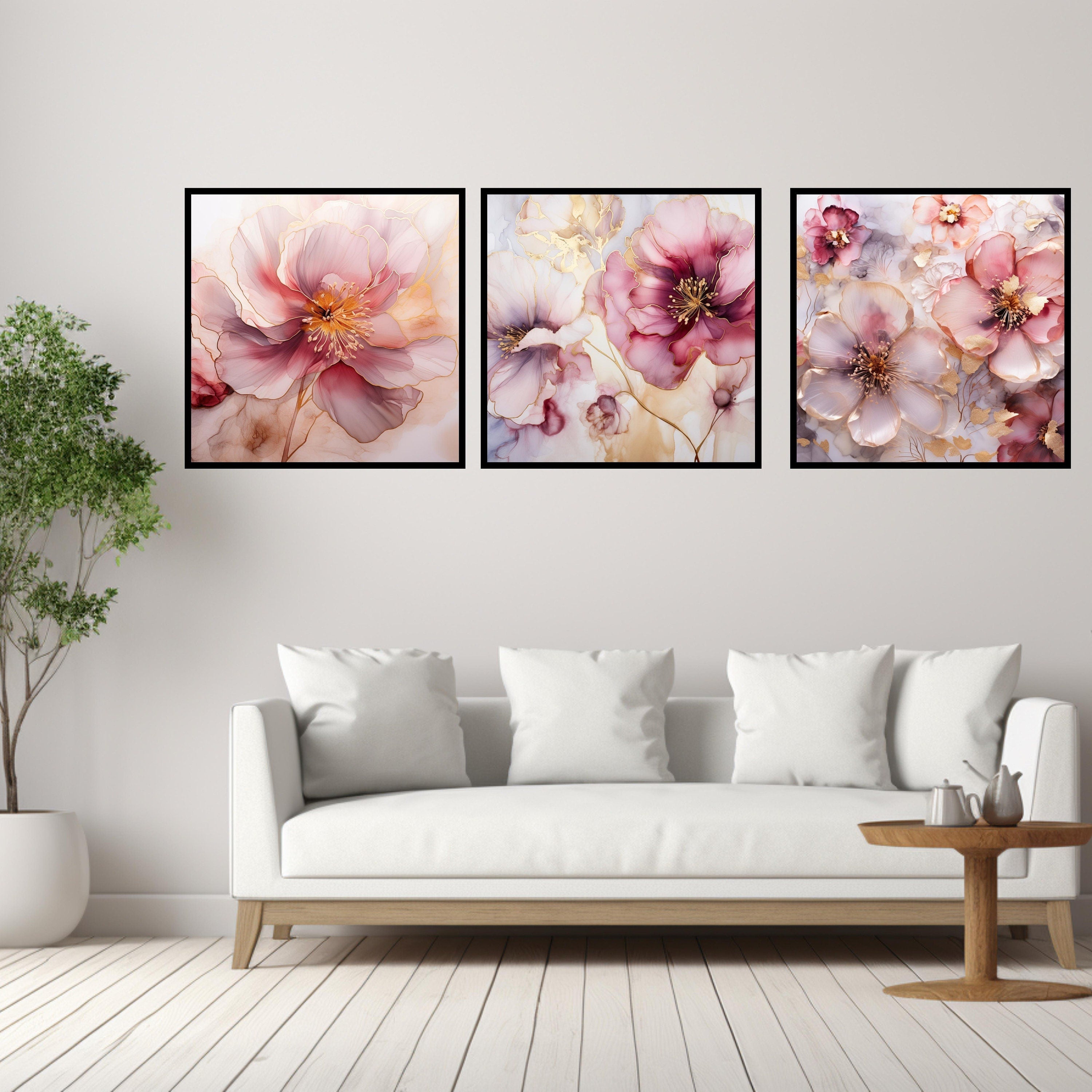 Instant Printable Download Affordable Wall Decor SIX Pink Alcohol Ink Gold Artwork Home Decor Pastel Floral Art