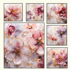 Instant Printable Download Affordable Wall Decor SIX Pink Alcohol Ink Gold Artwork Home Decor Pastel Floral Art