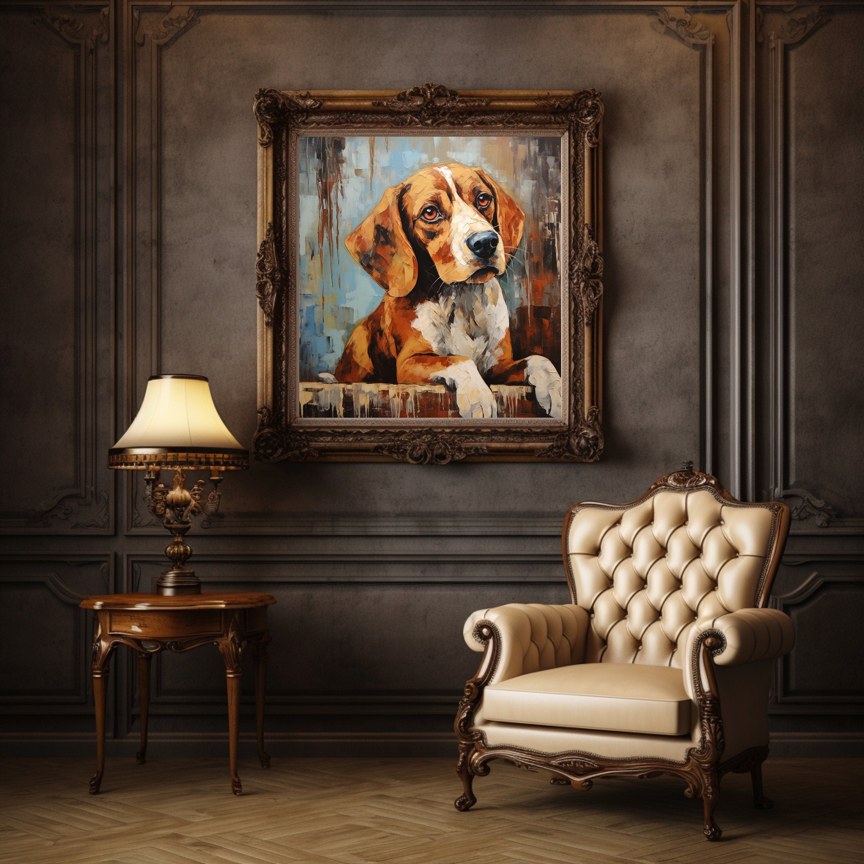 Digital Download Printable Affordable Wall Artwork Beagle Dog Lover Pet Owner Oil Painting Impasto Wall Decor
