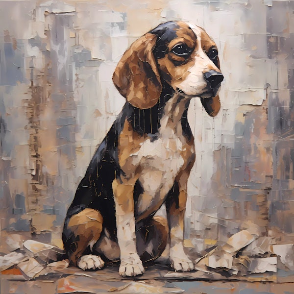 Digital Download Printable Affordable Wall Artwork Beagle Dog Lover Pet Owner Oil Painting Impasto Wall Decor