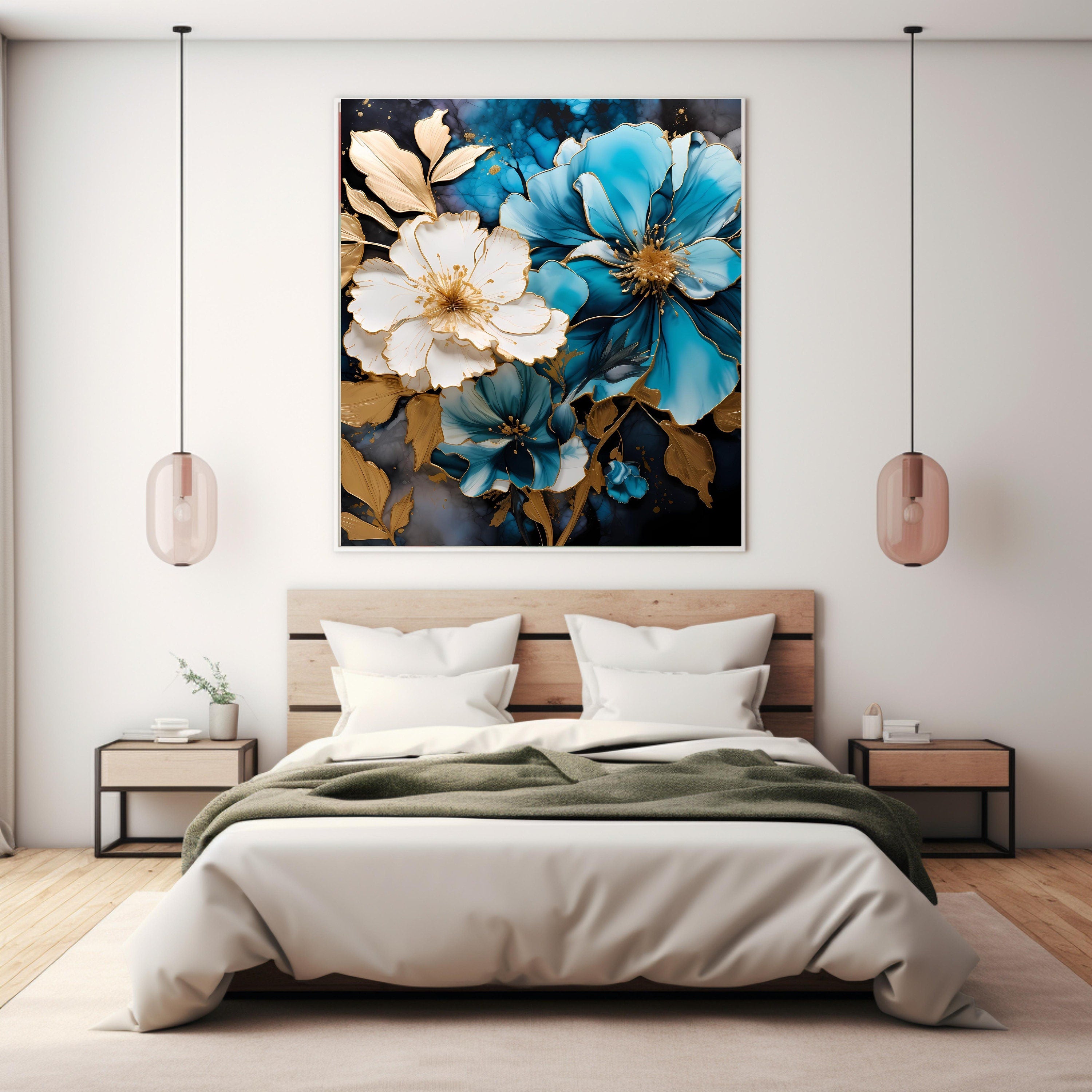 Instant Printable Download Affordable Wall Decor EIGHT Blue Alcohol Ink Gold Artwork Home Decor Pastel Floral Art