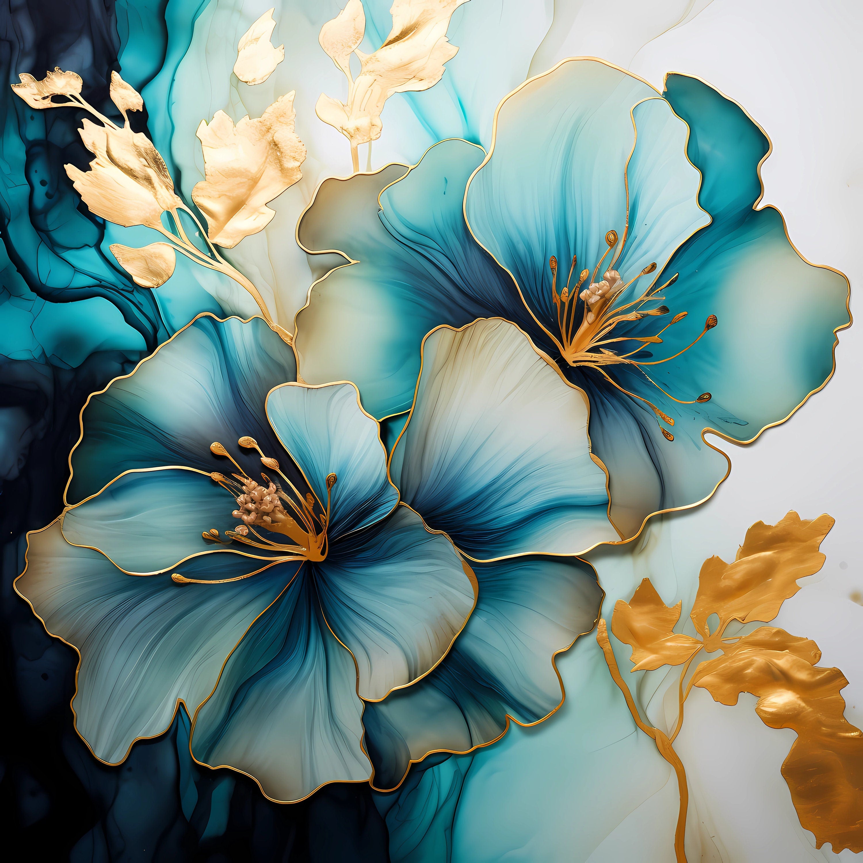 Instant Printable Download Affordable Wall Decor EIGHT Blue Alcohol Ink Gold Artwork Home Decor Pastel Floral Art