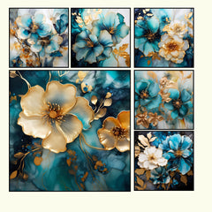 Instant Printable Download Affordable Wall Decor EIGHT Blue Alcohol Ink Gold Artwork Home Decor Pastel Floral Art
