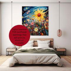 Instant Printable Digital Download Affordable Wall Home Decor Yellow Sunflower Art FIVE Illustrations Floral Botanical Poster Artwork