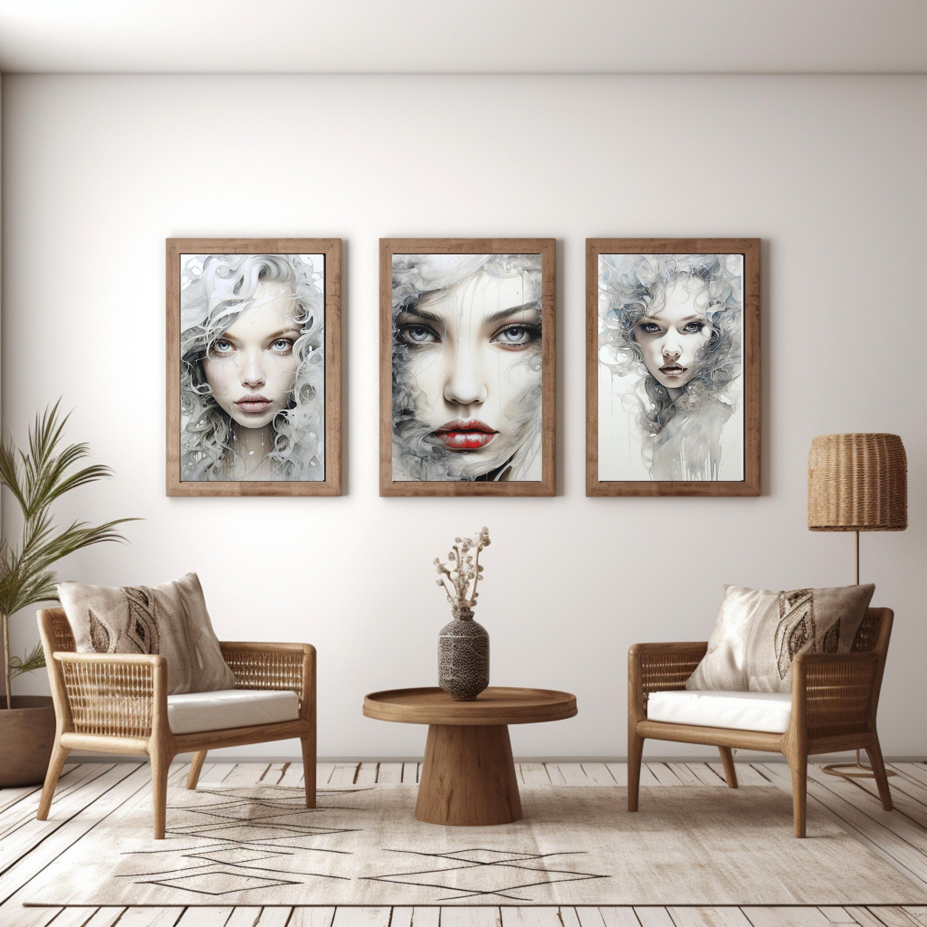 Instant Printable Digital Download Affordable Wall Home Decor Portrait Of A Woman Set Of Four Chic Modern Female Girl Face Painting Poster