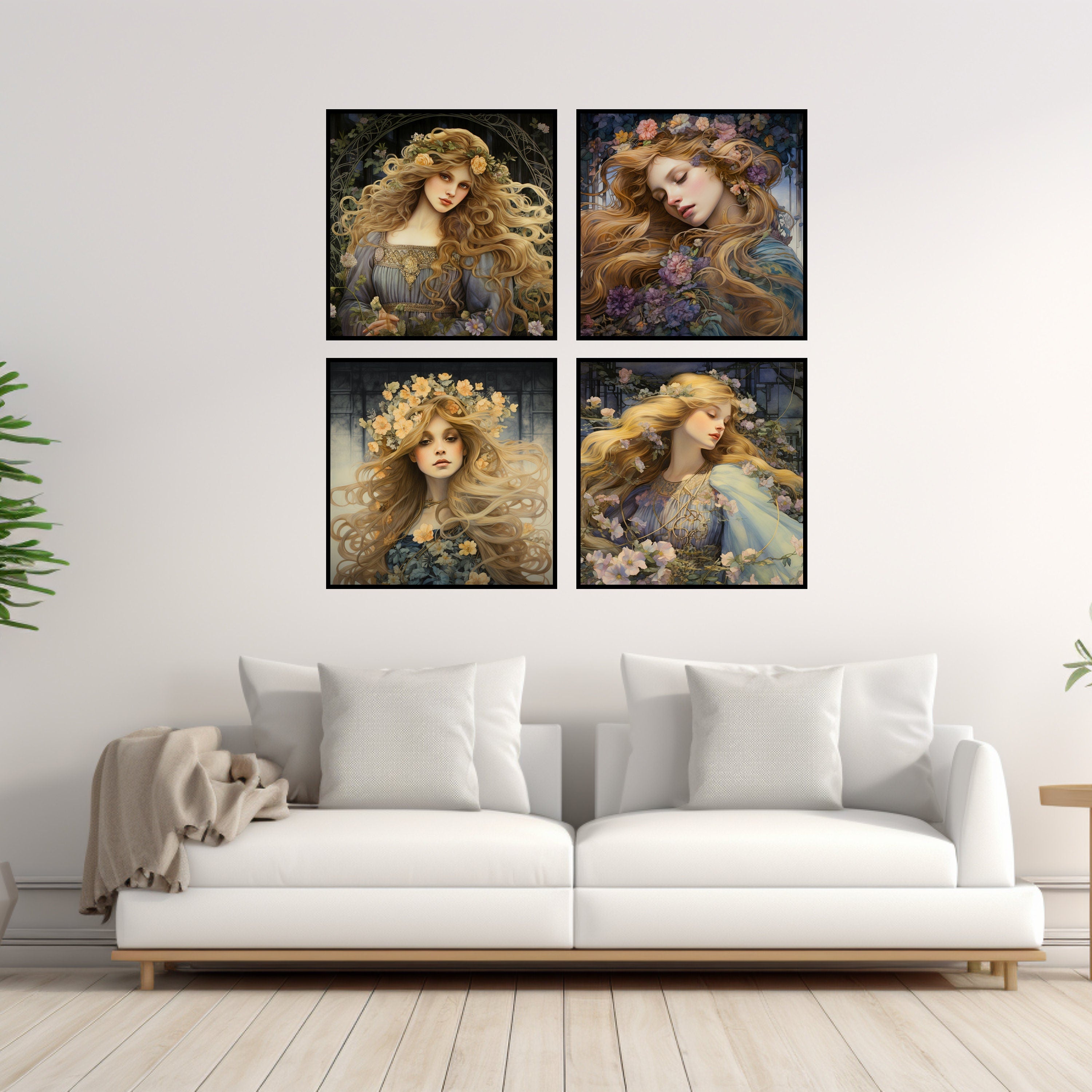 Female Portrait Art Deco Inspired Wall Decor Set Of EIGHT Boho Bohemian Botanical Instant Printable Digital Download Affordable Artwork