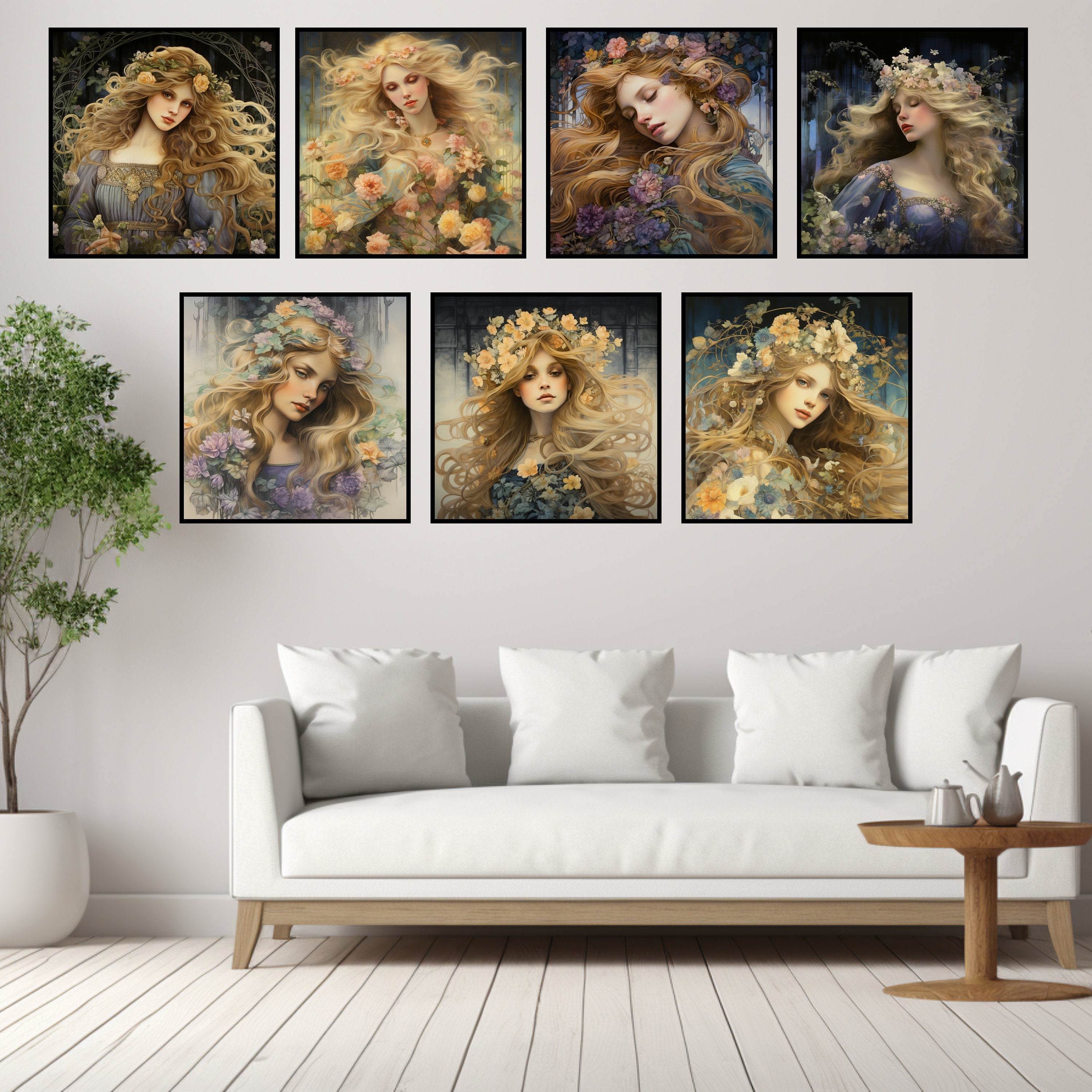 Female Portrait Art Deco Inspired Wall Decor Set Of EIGHT Boho Bohemian Botanical Instant Printable Digital Download Affordable Artwork