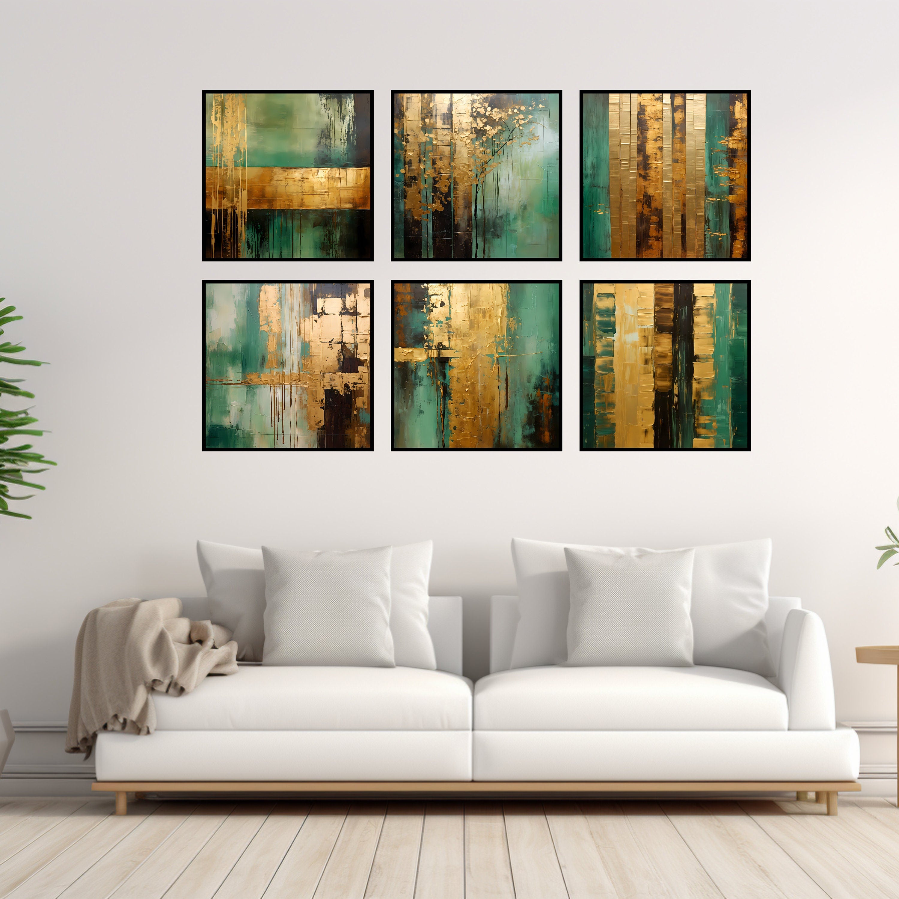 SEVEN Green And Gold Leaf Abstract Artwork Wall Decor Images Printable Digital Download Affordable Art For Bedroom, Dining Room, Living Room